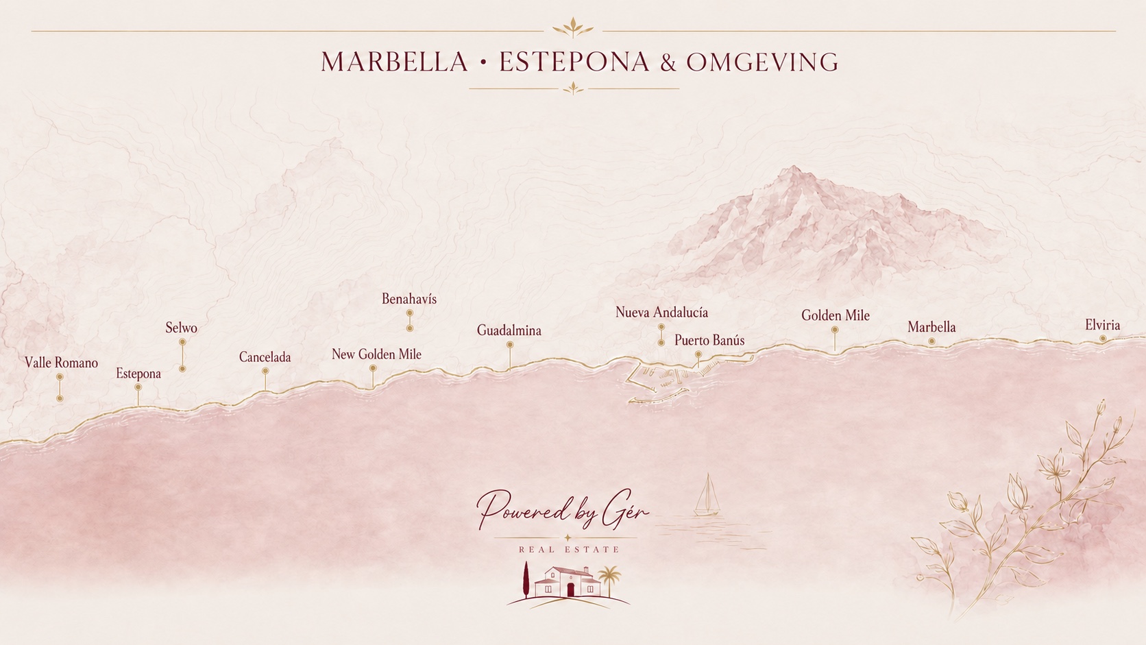 Kaart van het werkgebied van Powered by Gér: de kust van Estepona tot Marbella met het achterland